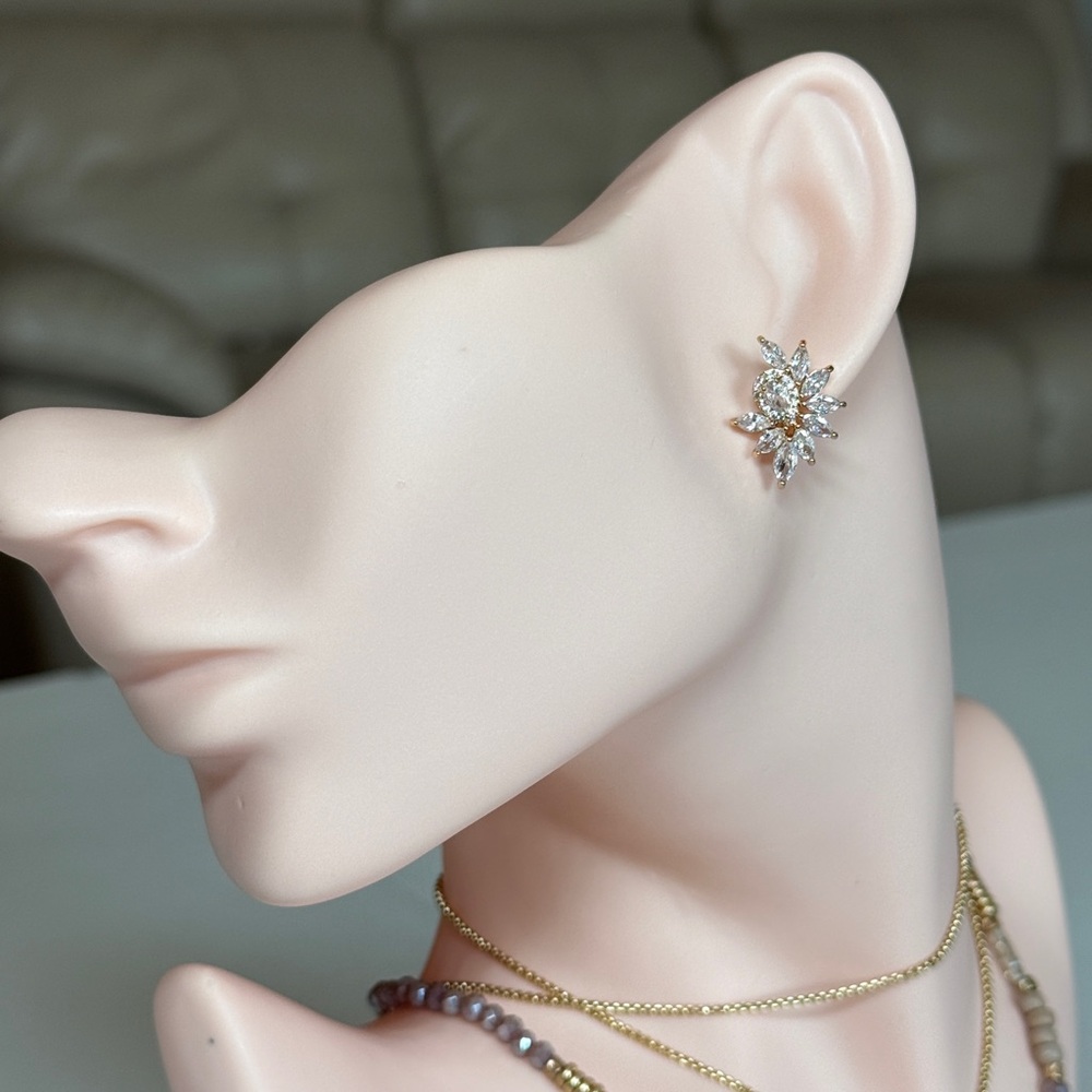 Gold and Clear Crystal Sunburst Stud Earrings - Women Jewelry